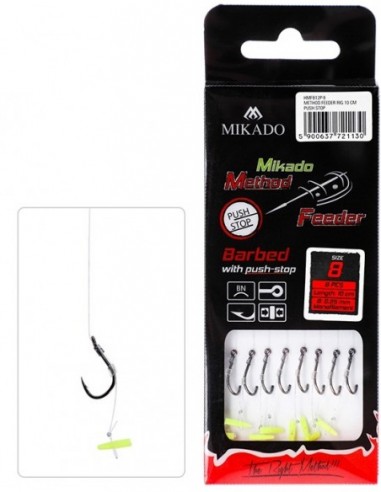 Carlige Legate Mikado Push Stop, Carlig Nr.8, Fir 0.25mm, 10cm, 8buc/plic