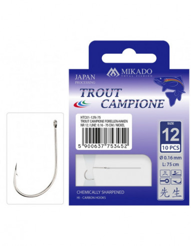 Carlige Legate Mikado Trout Campione, Nr. 2Ni, Fir 0.25mm, 150cm, 10buc/set